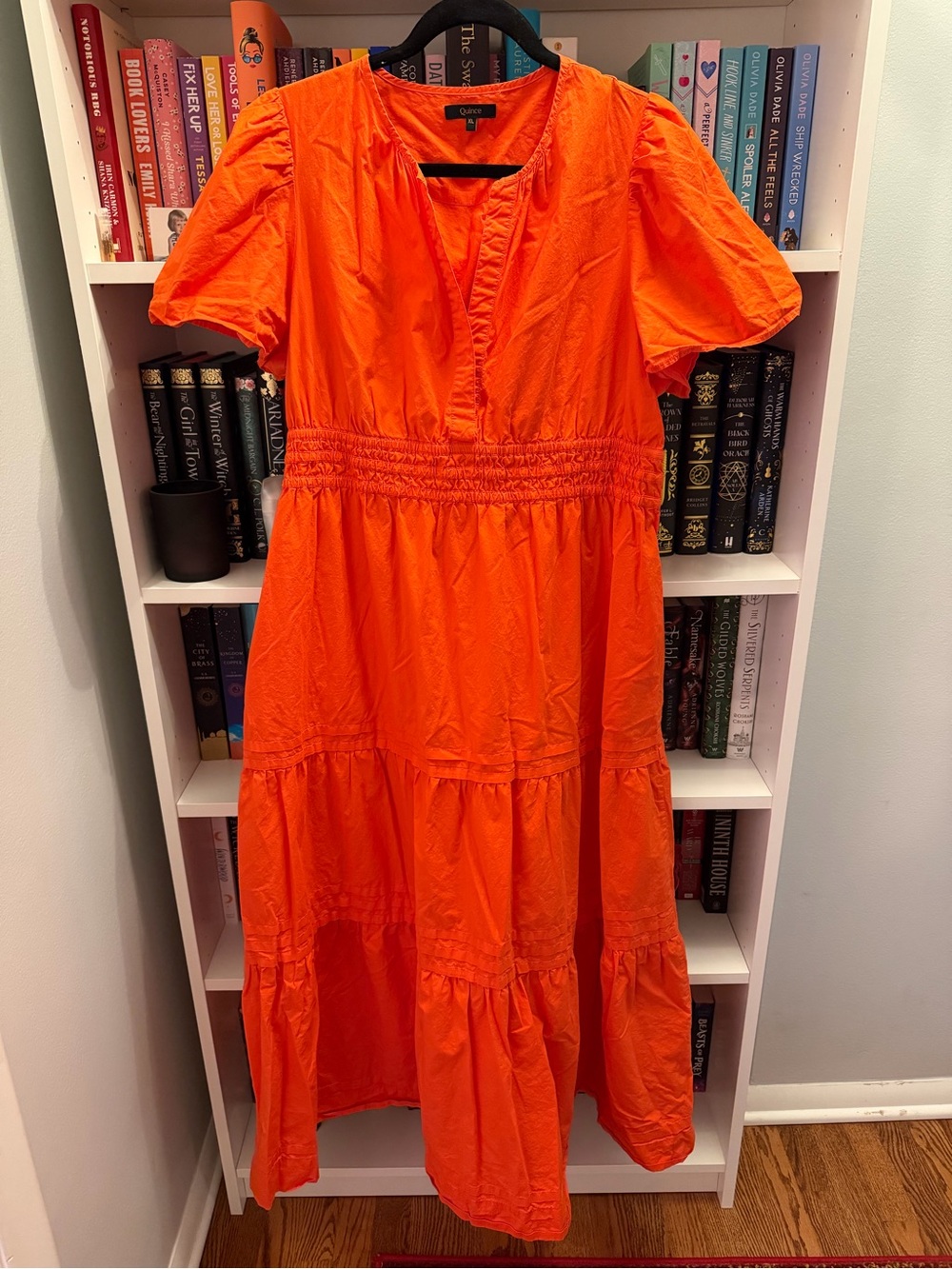 Quince Bright Orange Puff-Sleeve Tiered Maxi Dress